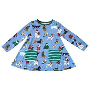 Mini Boden Christmas Animal‎ Dress Girls Size 6-7 Festive Pets Tunic Blue